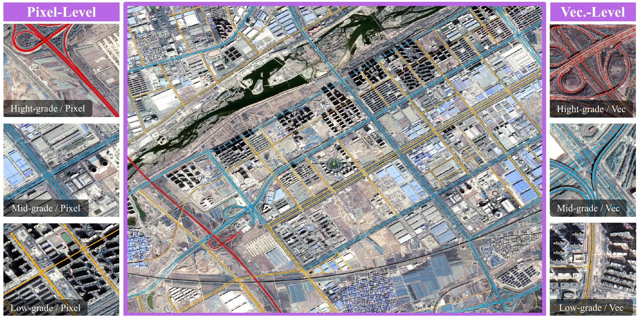 Fine-grained road-hierarchy annotations on remote-sensing tiles